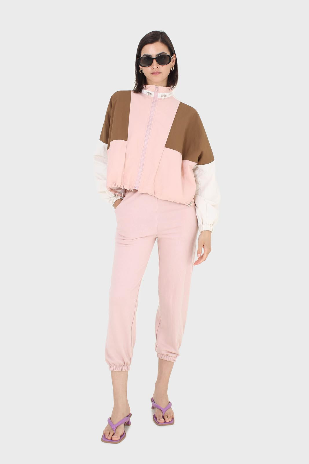 Pink and khaki colorblock nylon windbreaker
