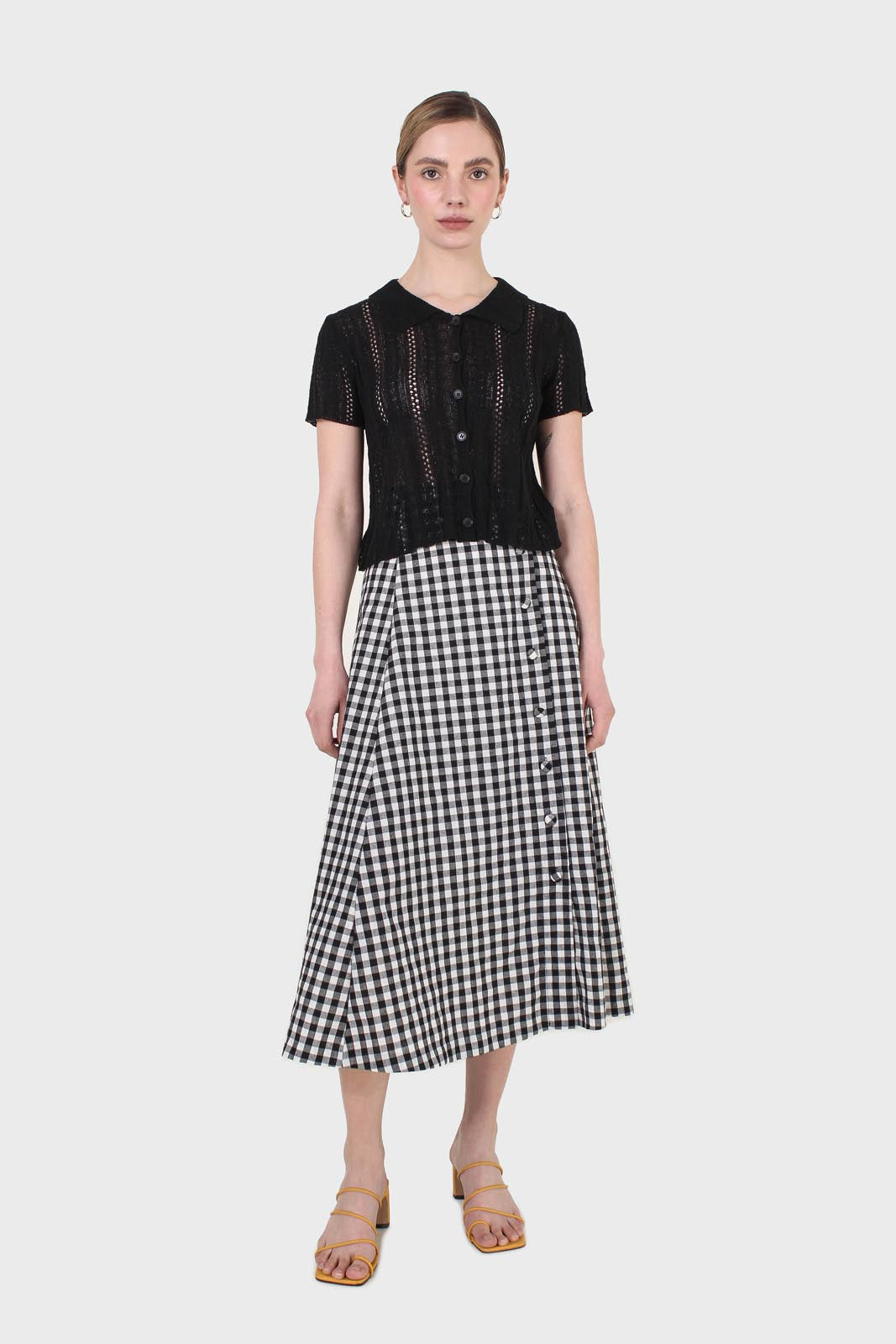 Black gingham side button midi skirt