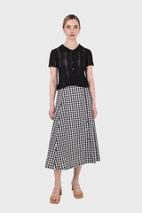 Black gingham side button midi skirt