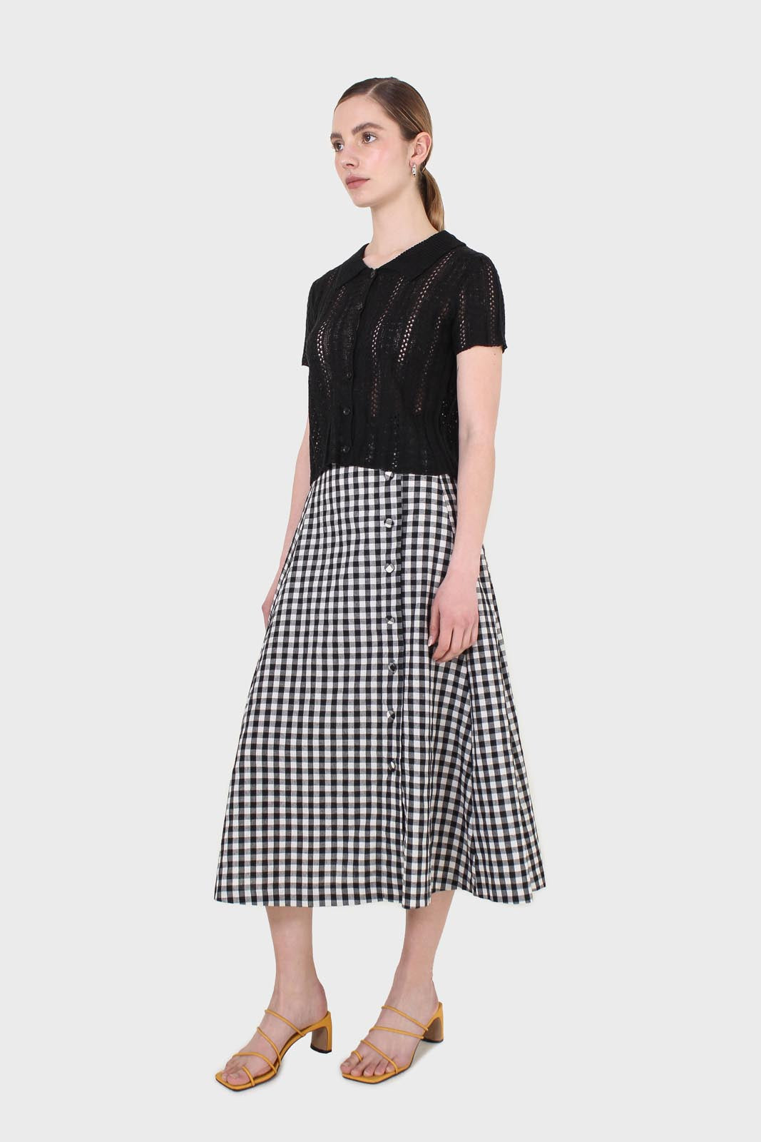 Black gingham side button midi skirt