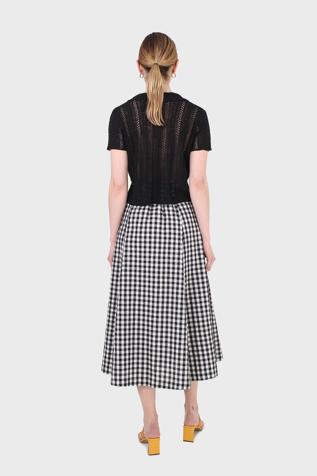 Black gingham side button midi skirt
