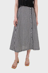 Black gingham side button midi skirt
