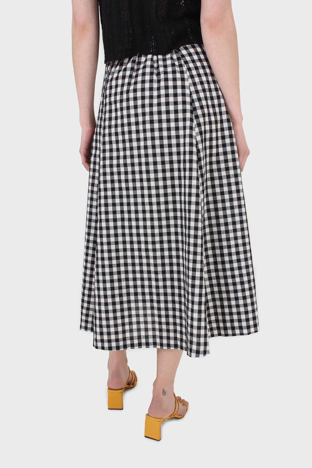 Black gingham side button midi skirt