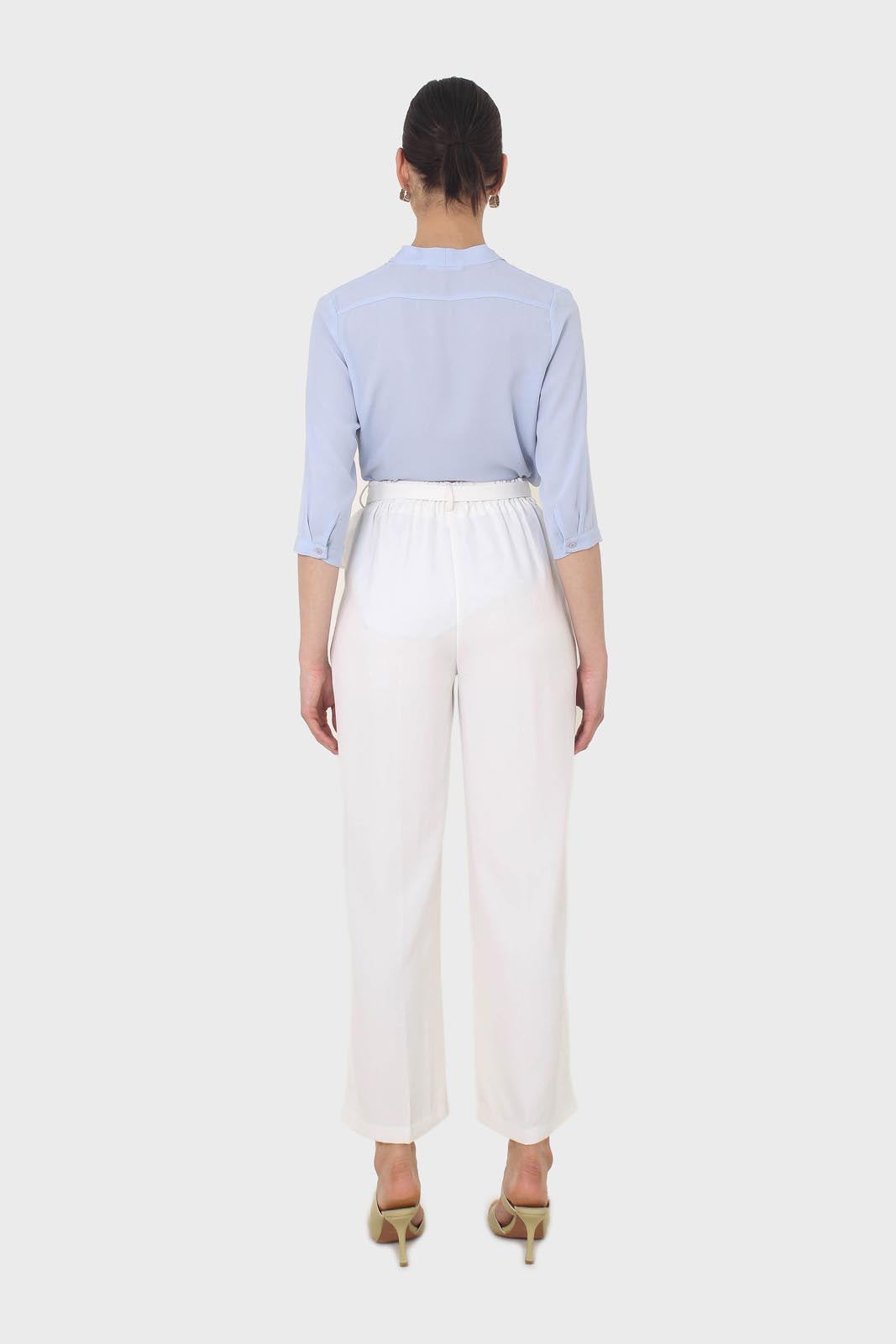 Ivory smart wide leg panel belted trousers