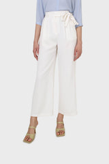 Ivory smart wide leg panel belted trousers