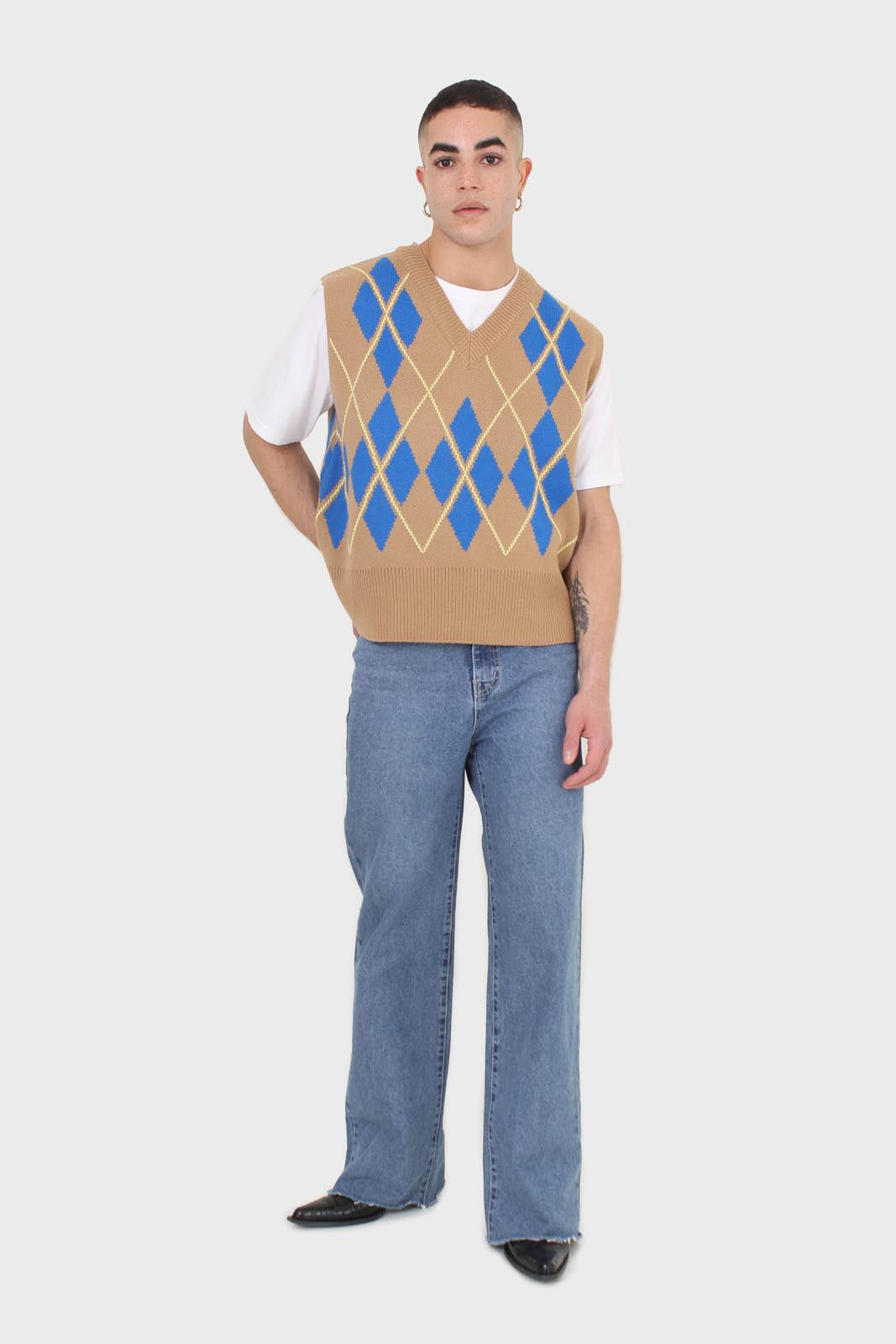 Camel and bright blue argyle sweater vest