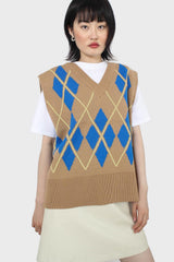 Camel and bright blue argyle sweater vest