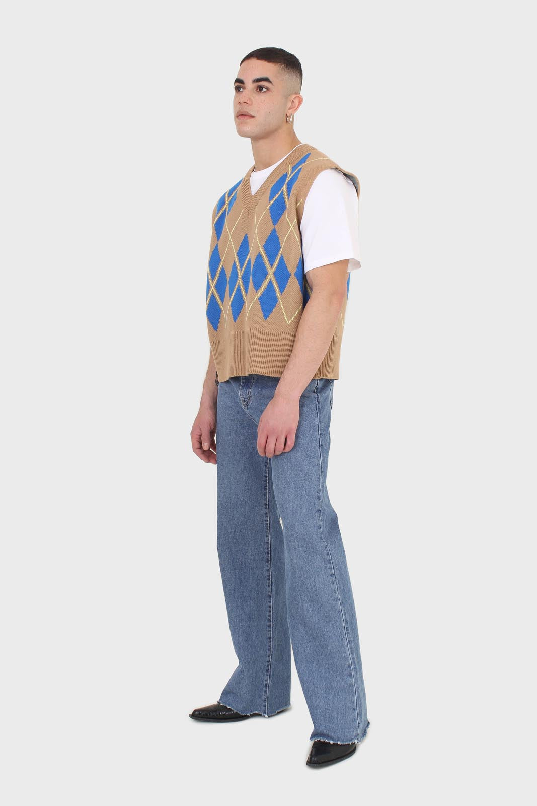 Camel and bright blue argyle sweater vest