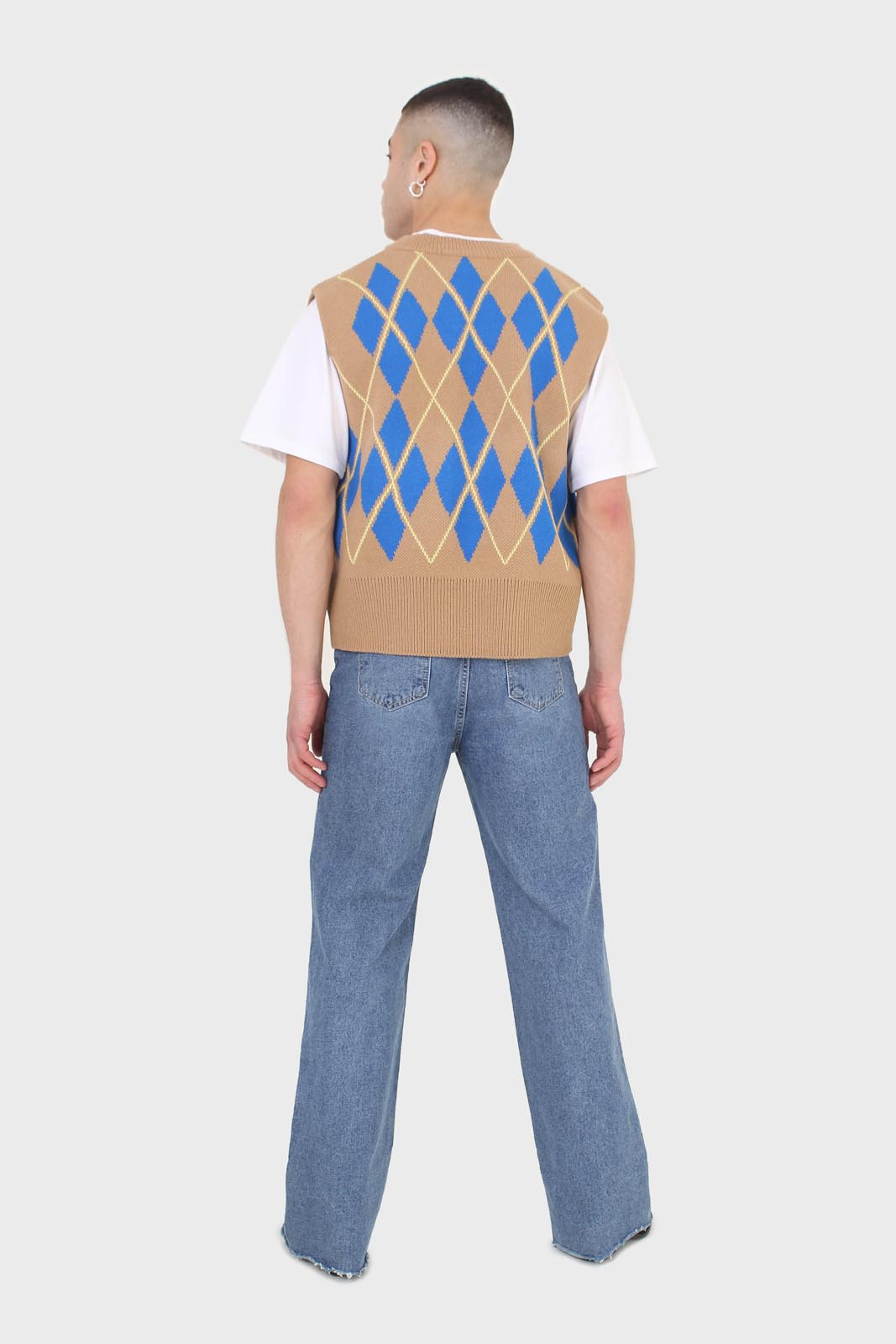 Camel and bright blue argyle sweater vest