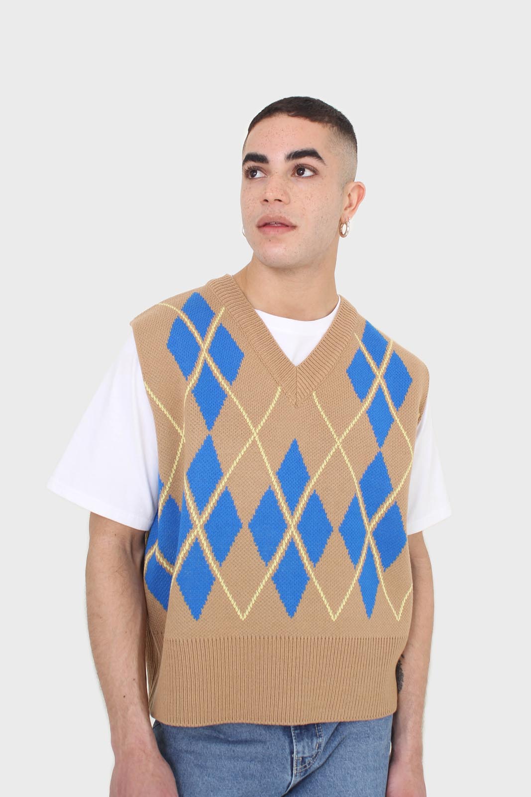 Camel and bright blue argyle sweater vest