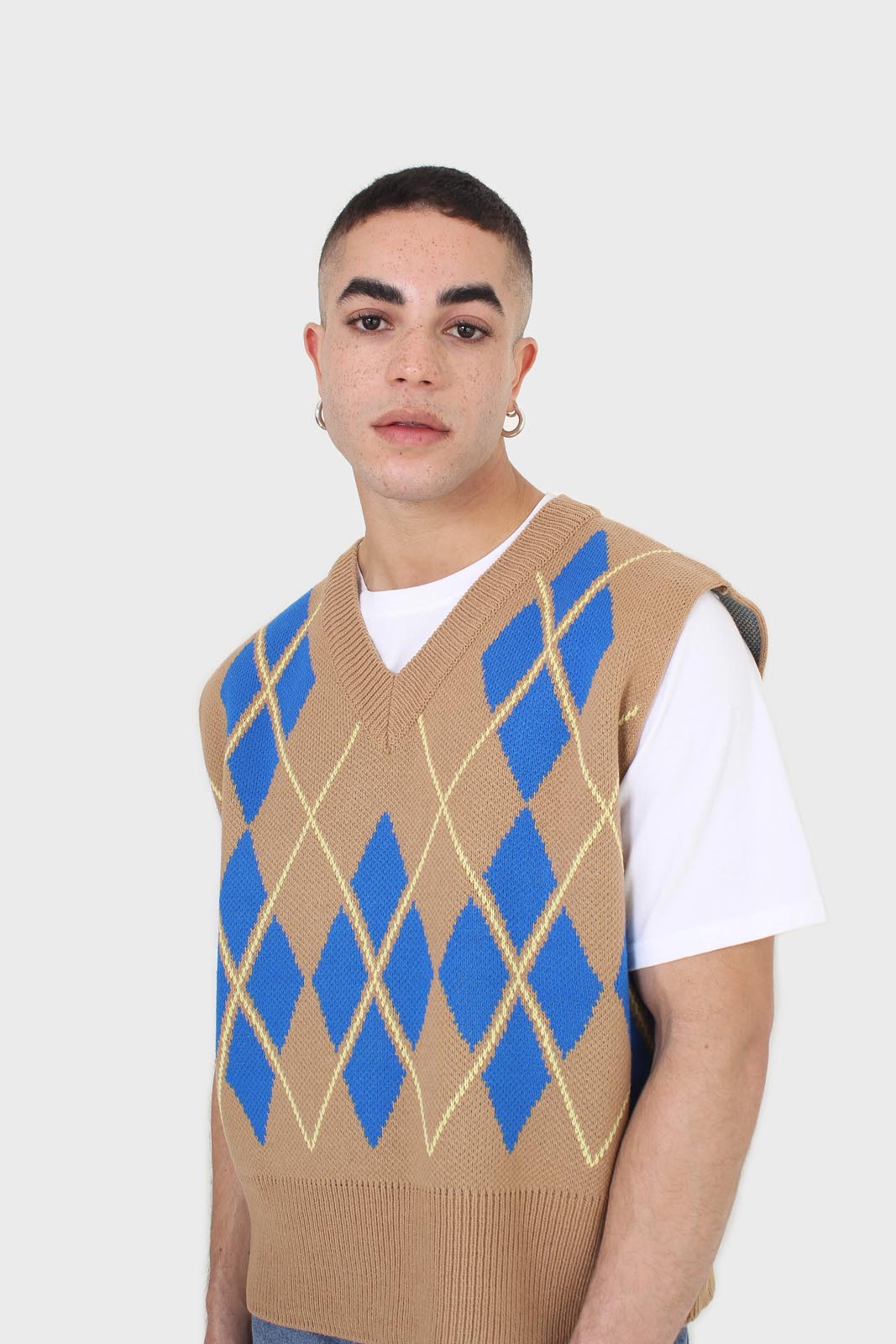 Camel and bright blue argyle sweater vest