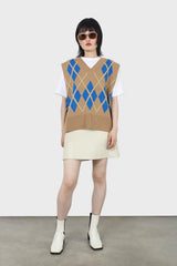 Camel and bright blue argyle sweater vest