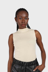 Light beige sleeveless mock neck knit tank