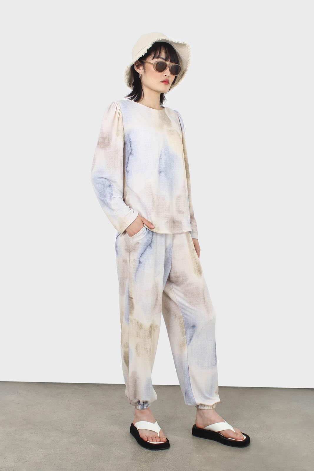 Beige and blue tie dye long sleeved top