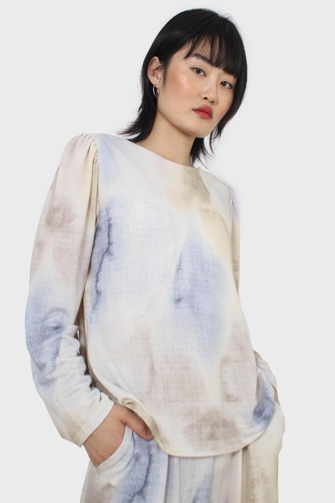 Beige and blue tie dye long sleeved top