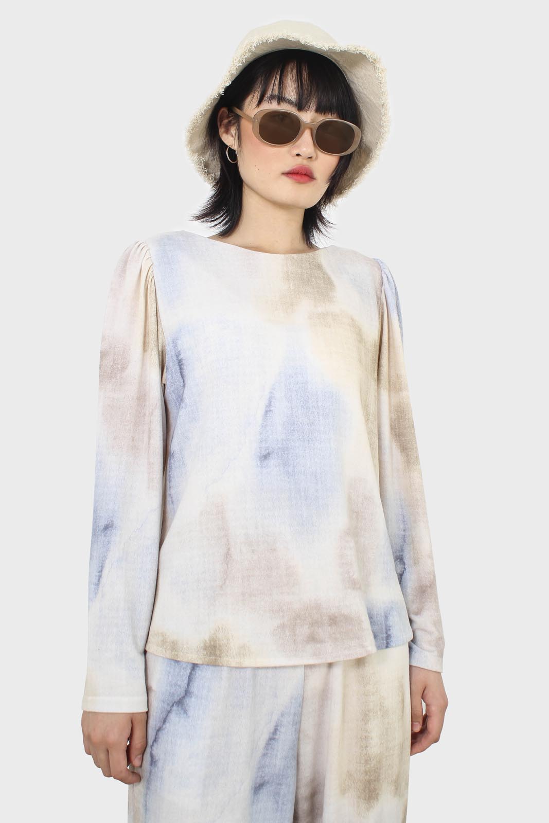 Beige and blue tie dye long sleeved top