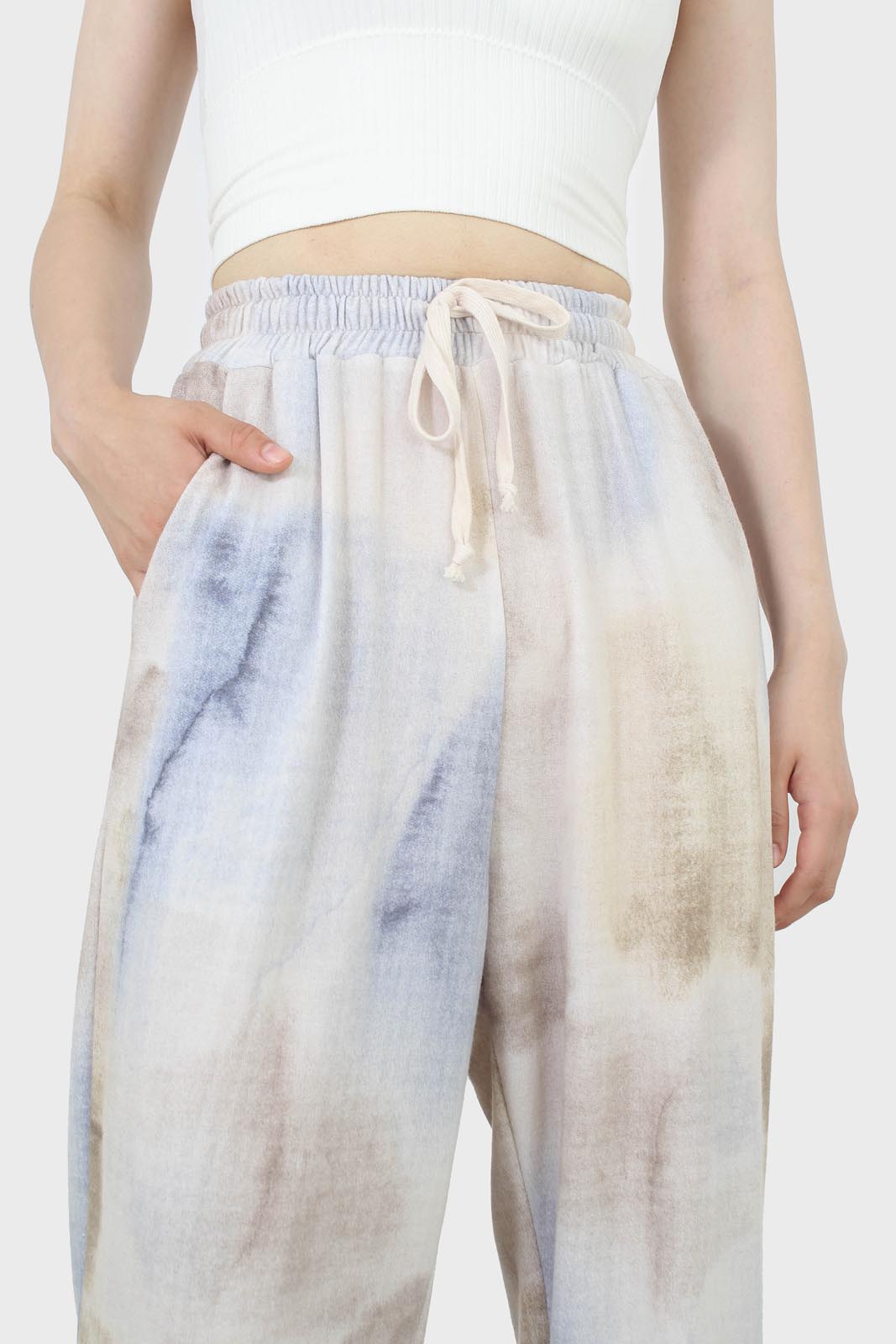 Beige and blue tie dye loose fit trousers