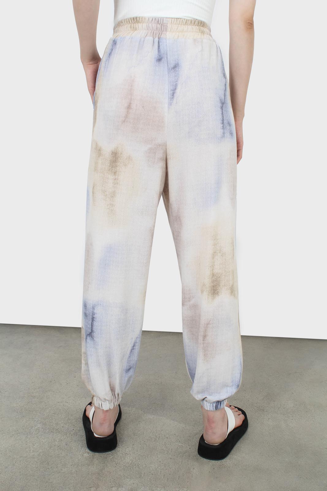 Beige and blue tie dye loose fit trousers