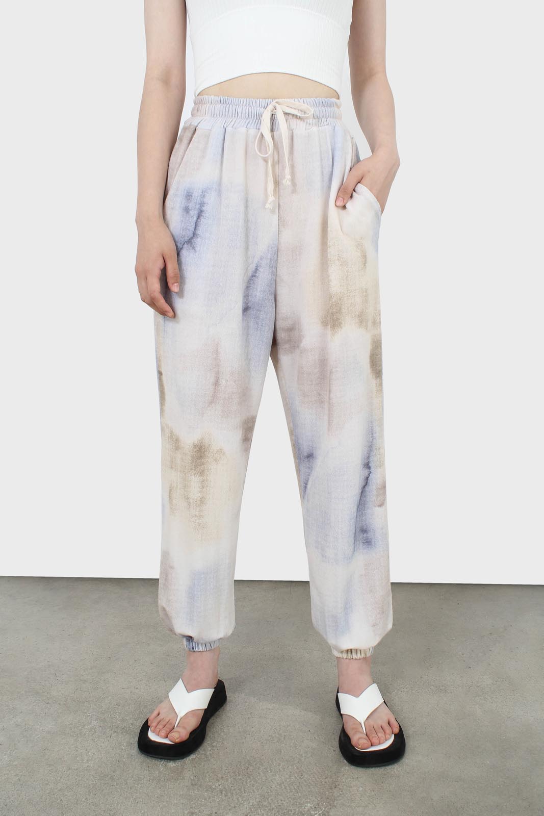 Beige and blue tie dye loose fit trousers