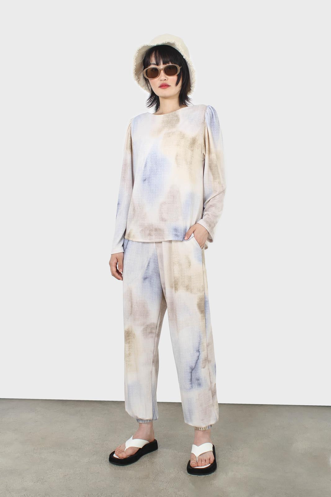 Beige and blue tie dye loose fit trousers