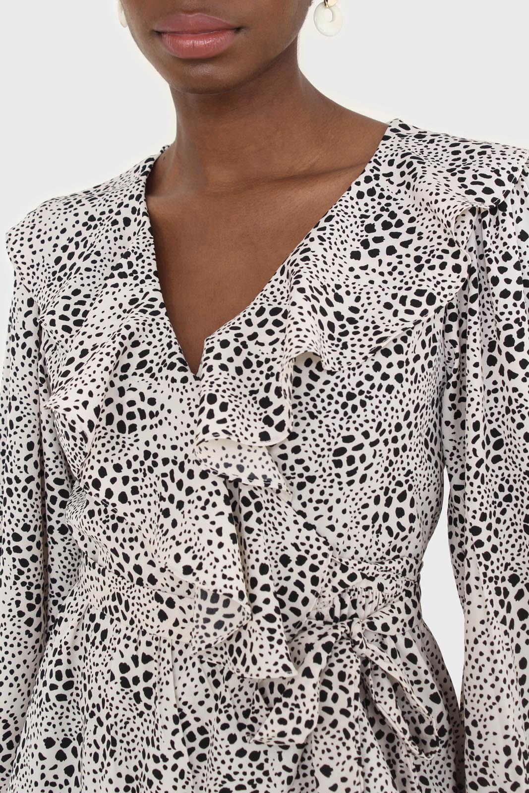 Ivory and black printed ruffle trim dress