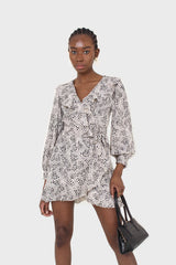 Ivory and black printed ruffle trim dress