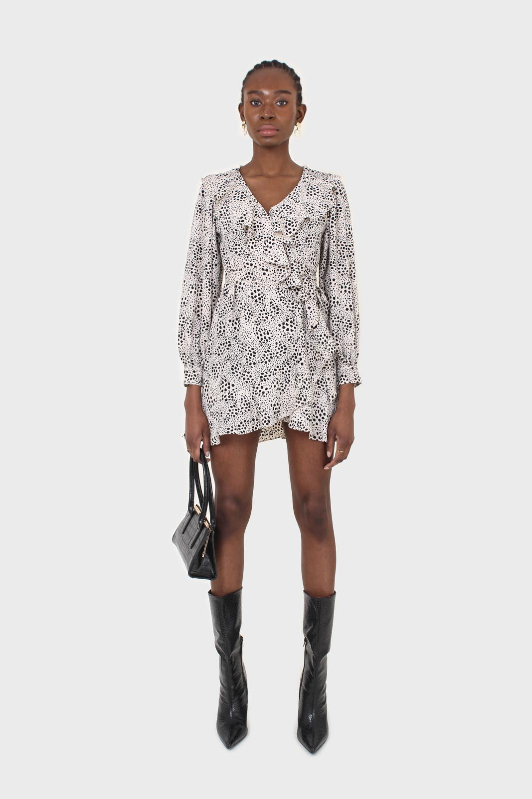 Ivory and black printed ruffle trim dress