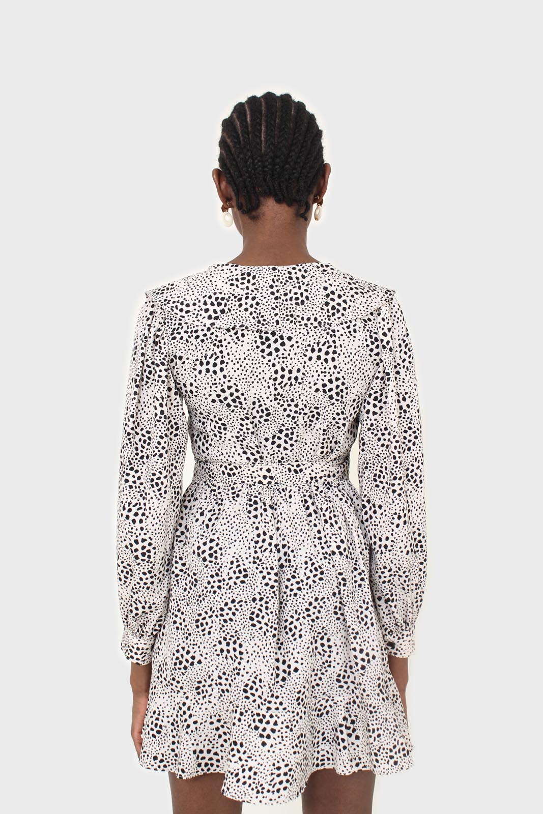 Ivory and black printed ruffle trim dress