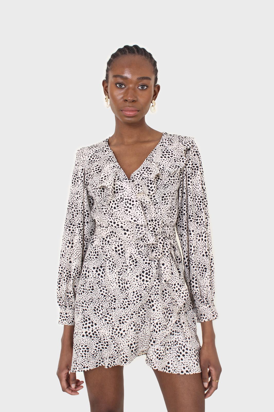 Ivory and black printed ruffle trim dress