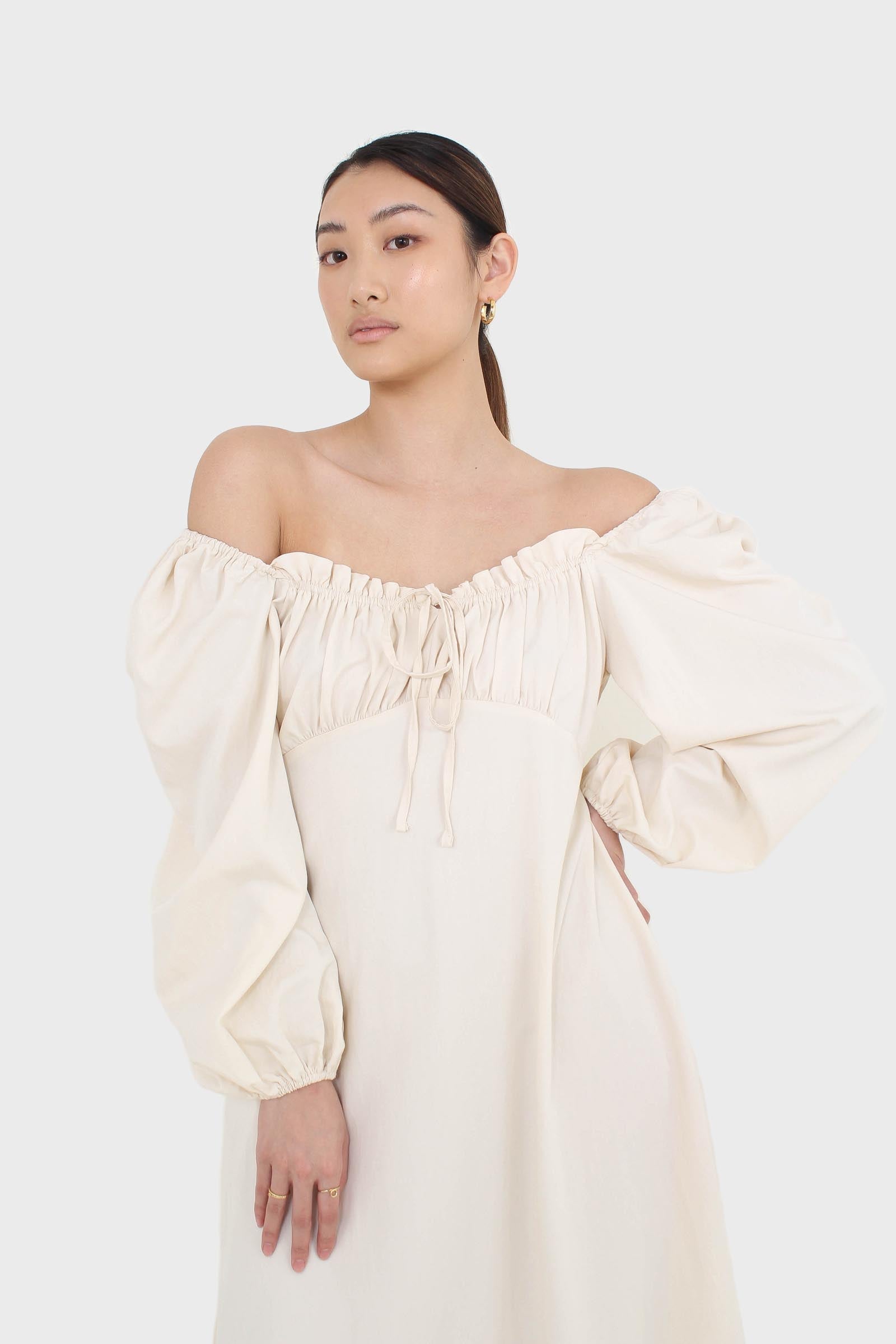 Ivory off shoulder cinched waist peasant dress