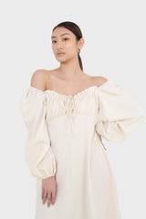 Ivory off shoulder cinched waist peasant dress