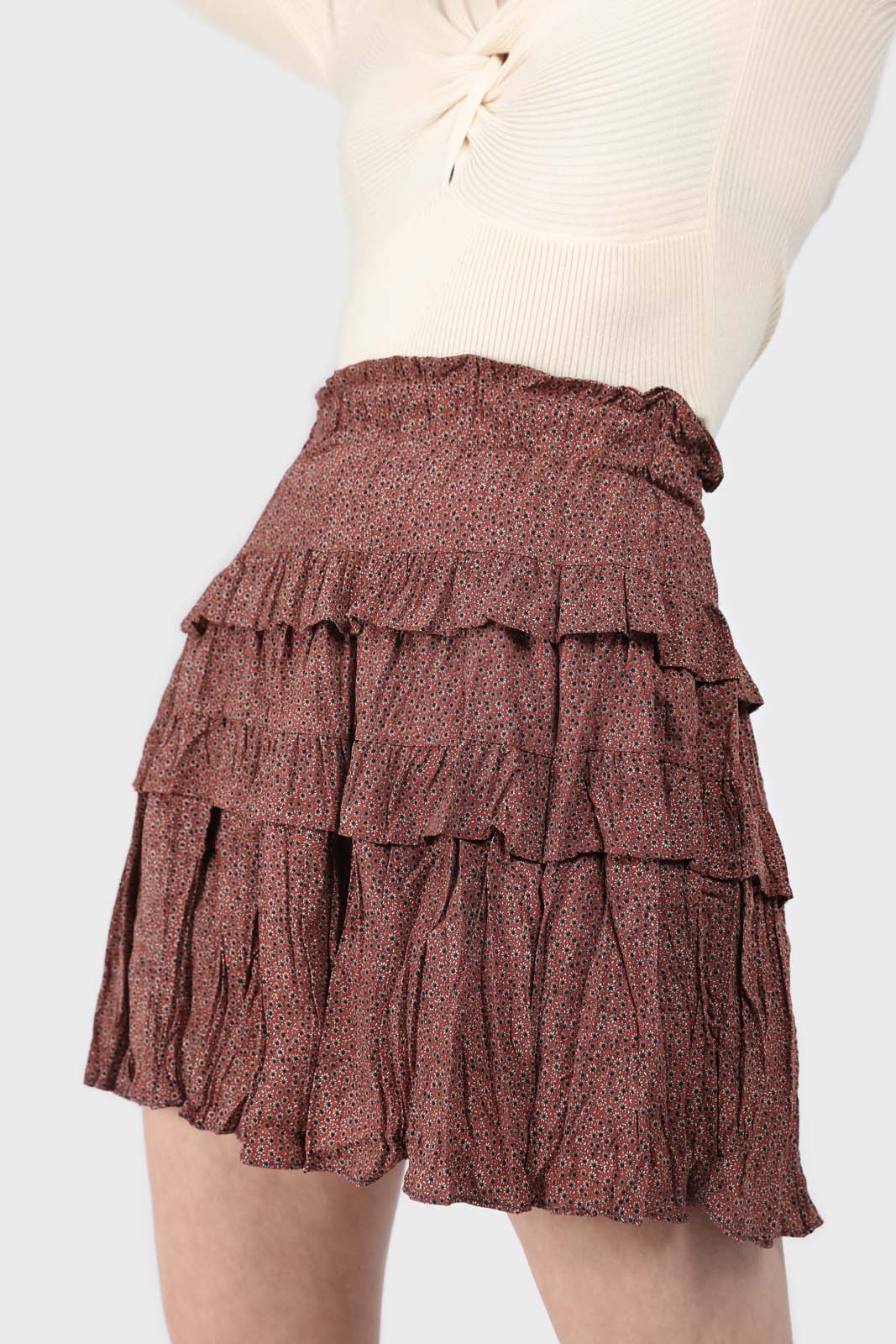 Red and brown printed layered tier mini skirt