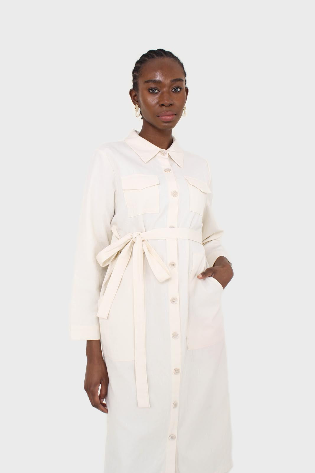 Ivory belted long shirt dress