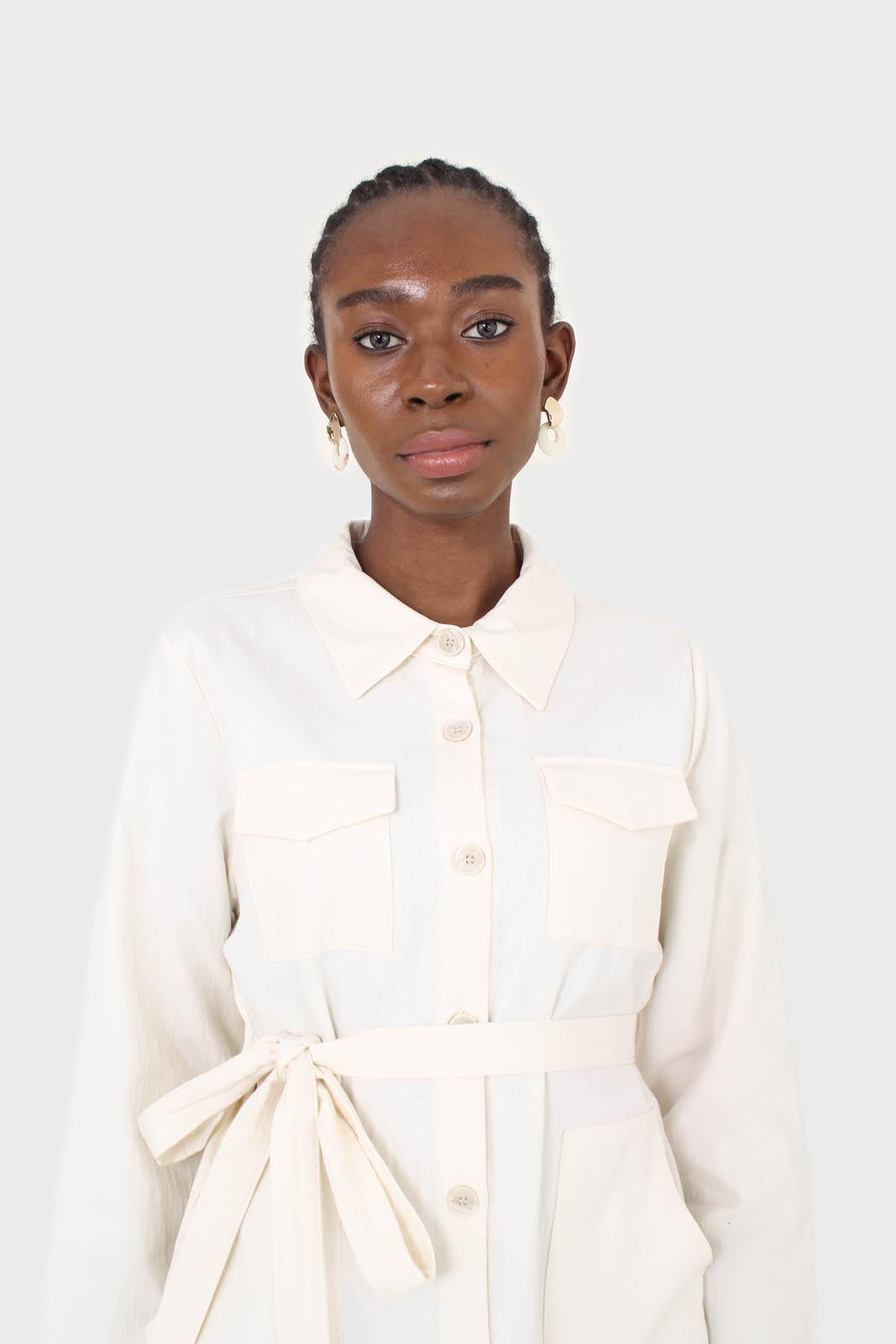 Ivory belted long shirt dress