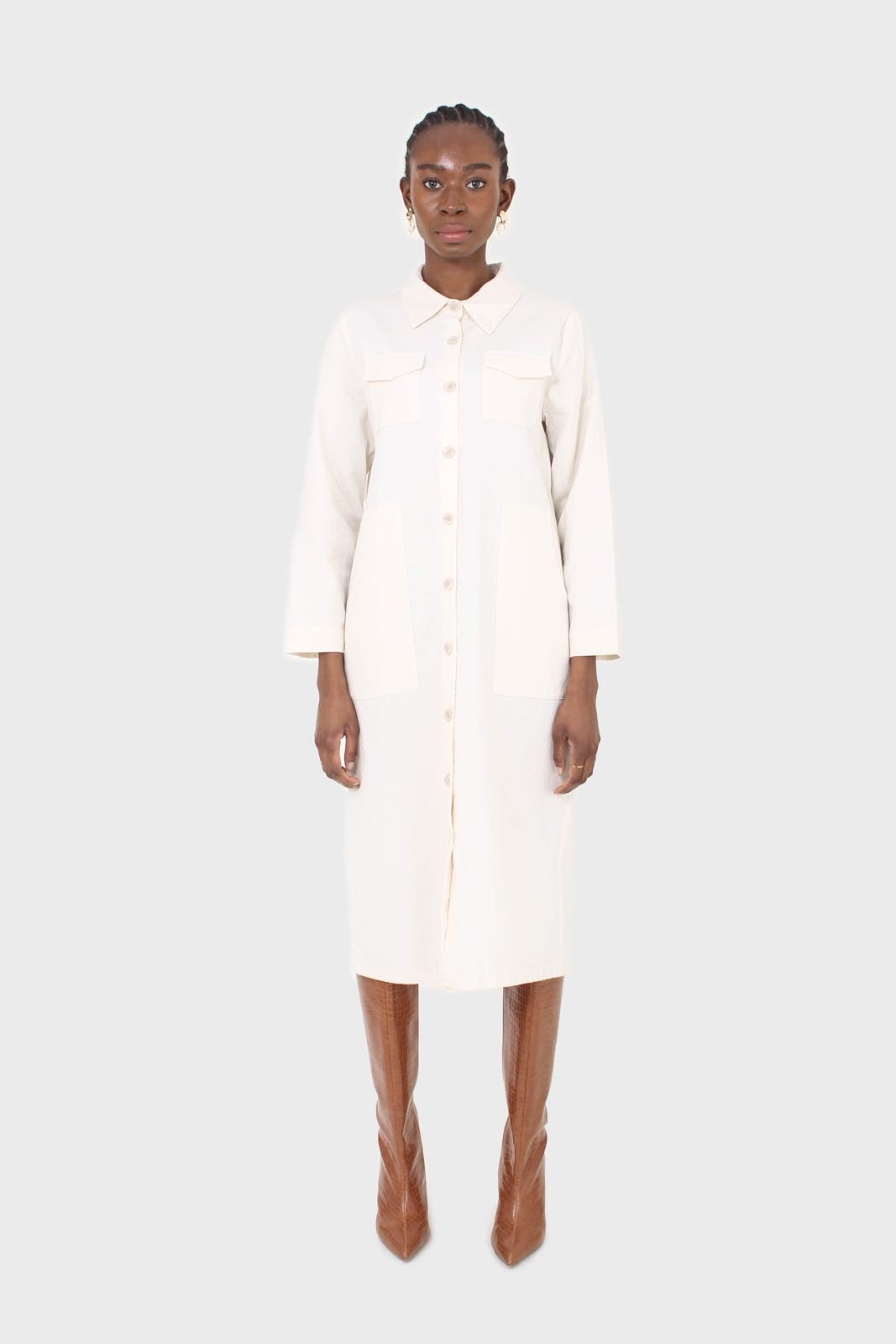 Ivory belted long shirt dress
