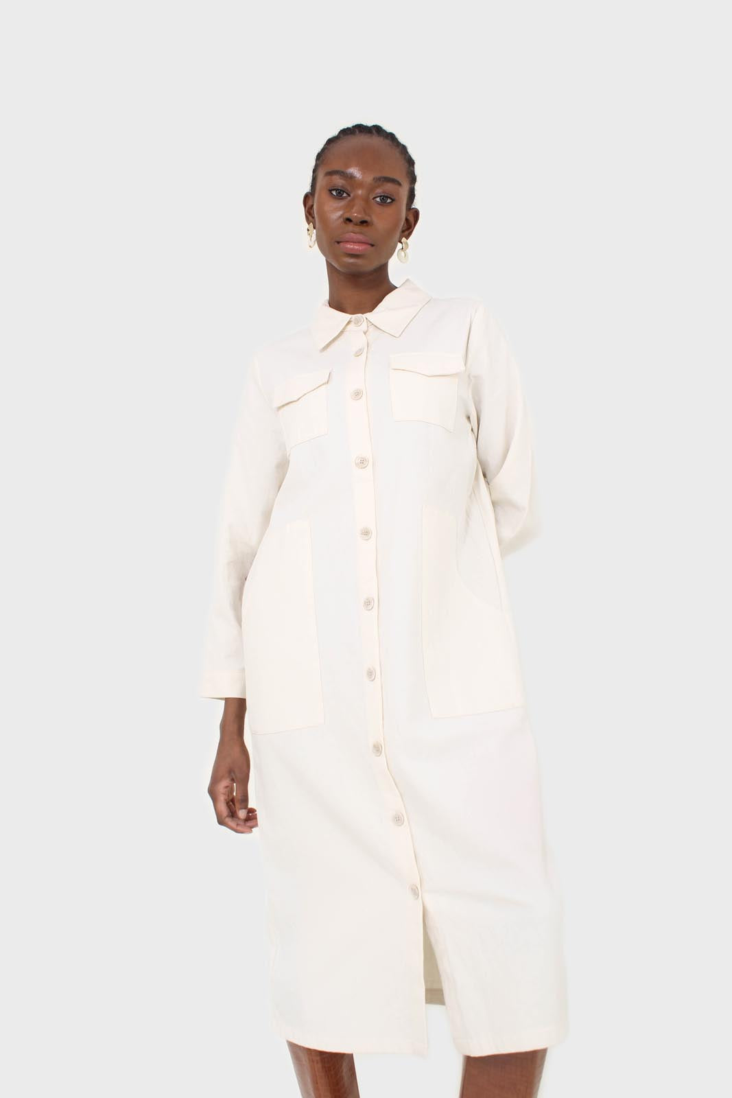 Ivory belted long shirt dress