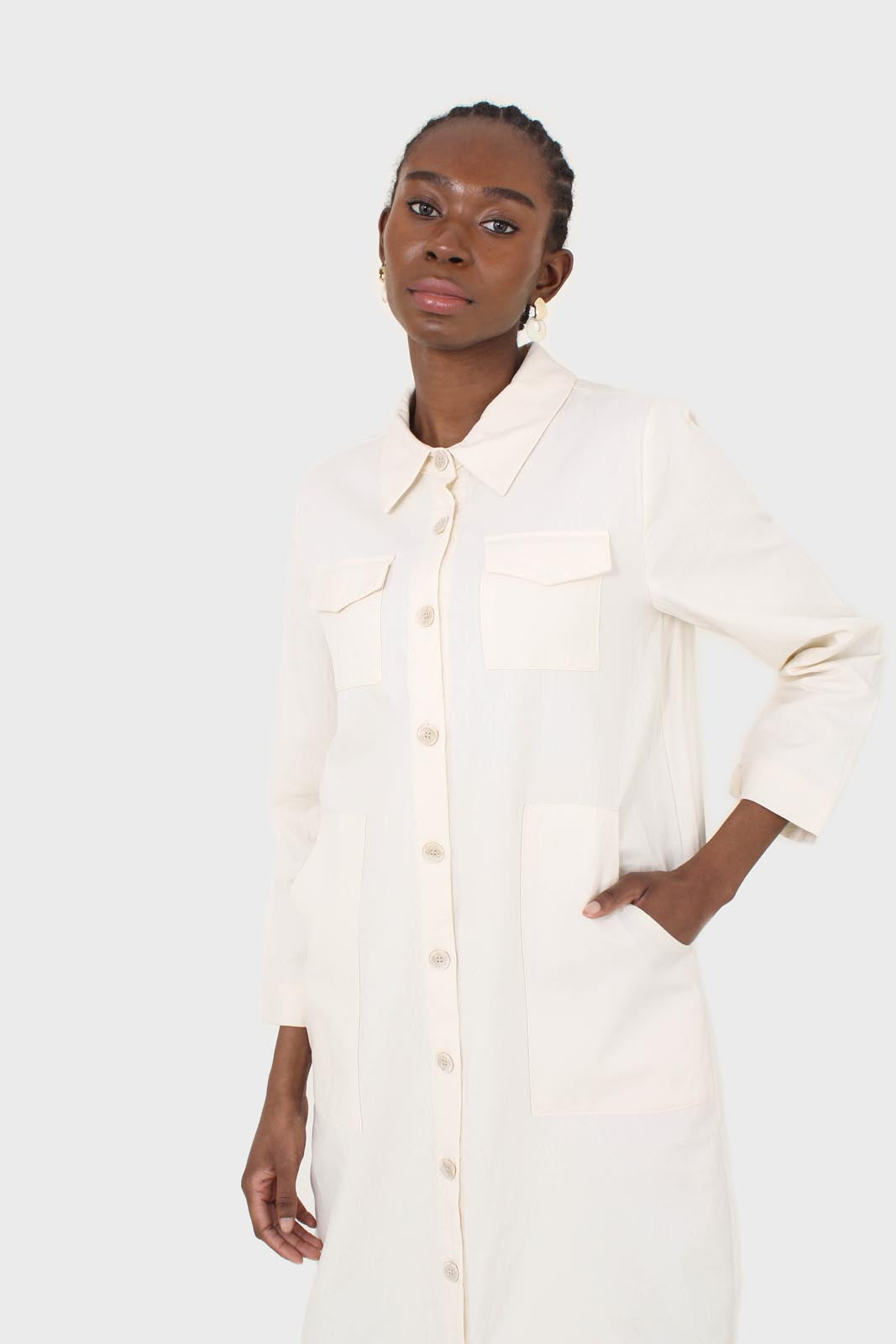 Ivory belted long shirt dress