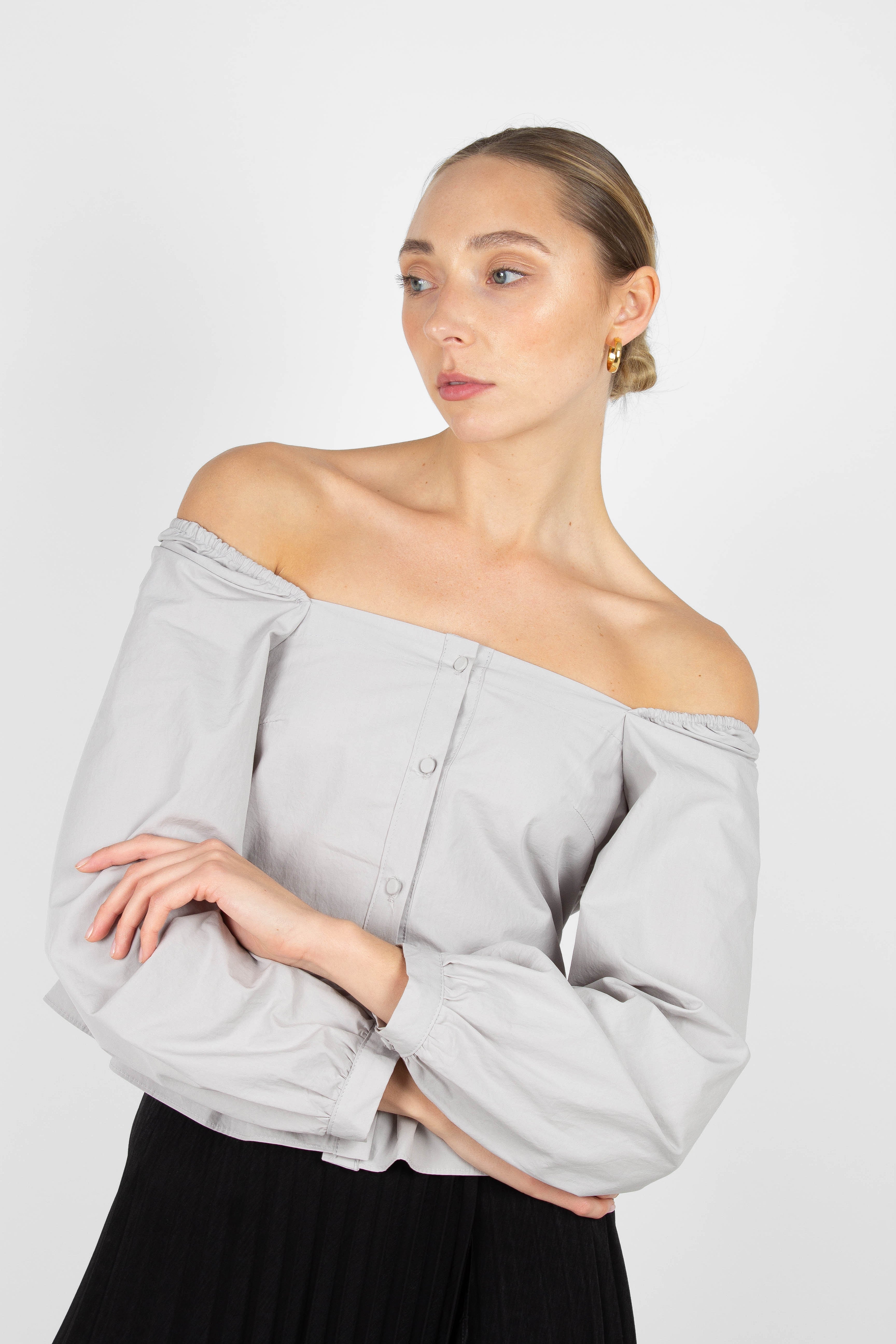 Pale blue off shoulder cinch waist top