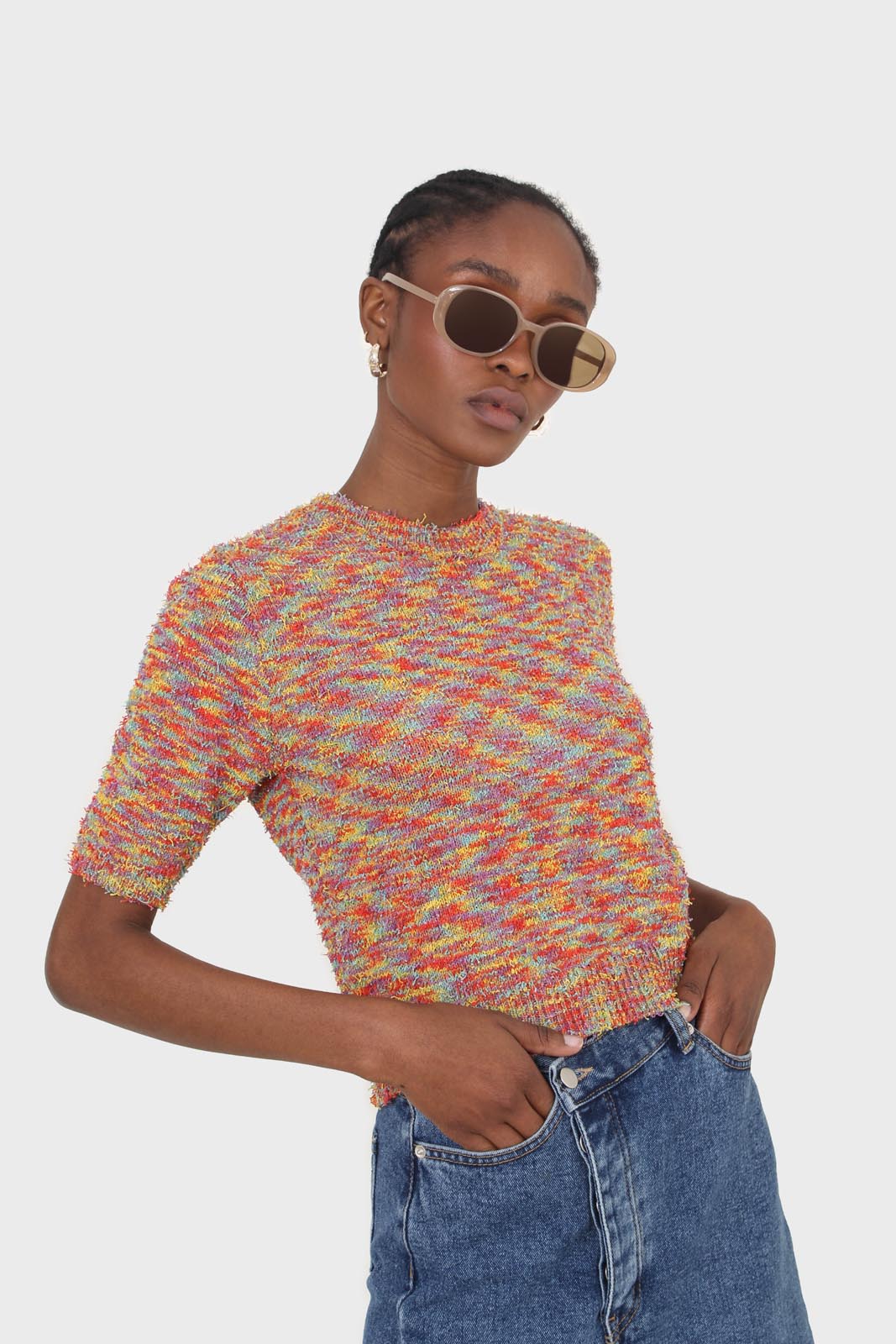 Red rainbow intarsia knit tee
