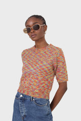 Red rainbow intarsia knit tee