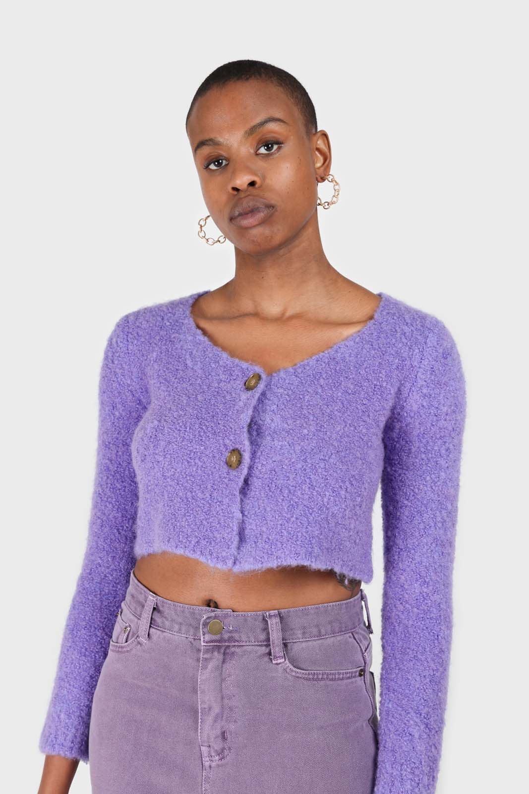 Purple fuzzy double button cardigan
