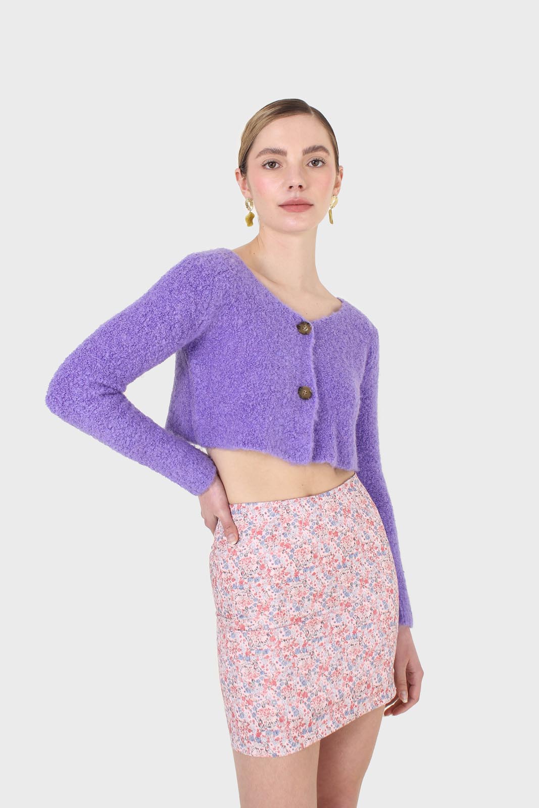 Purple fuzzy double button cardigan