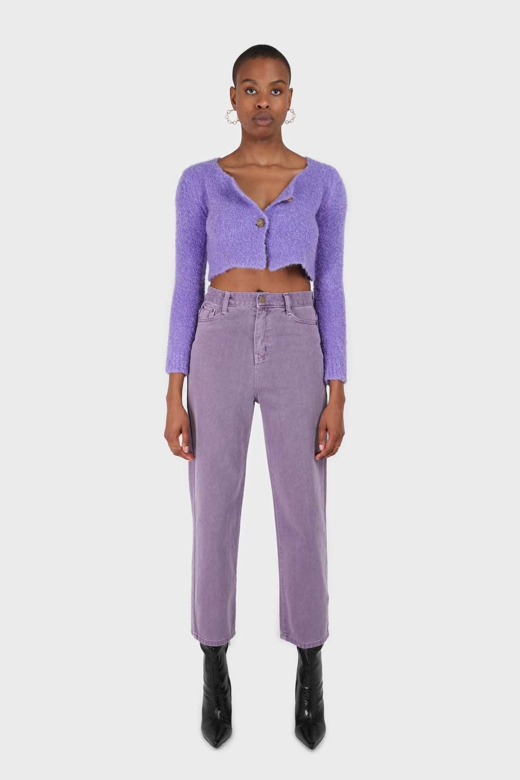 Purple fuzzy double button cardigan