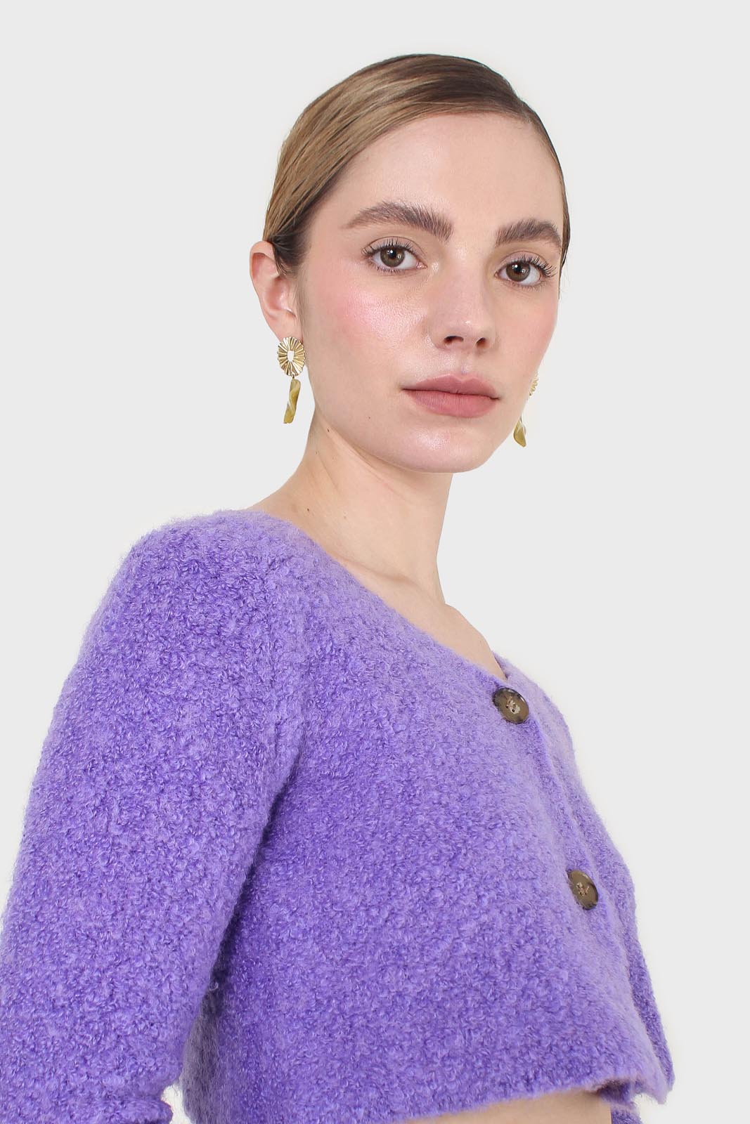 Purple fuzzy double button cardigan