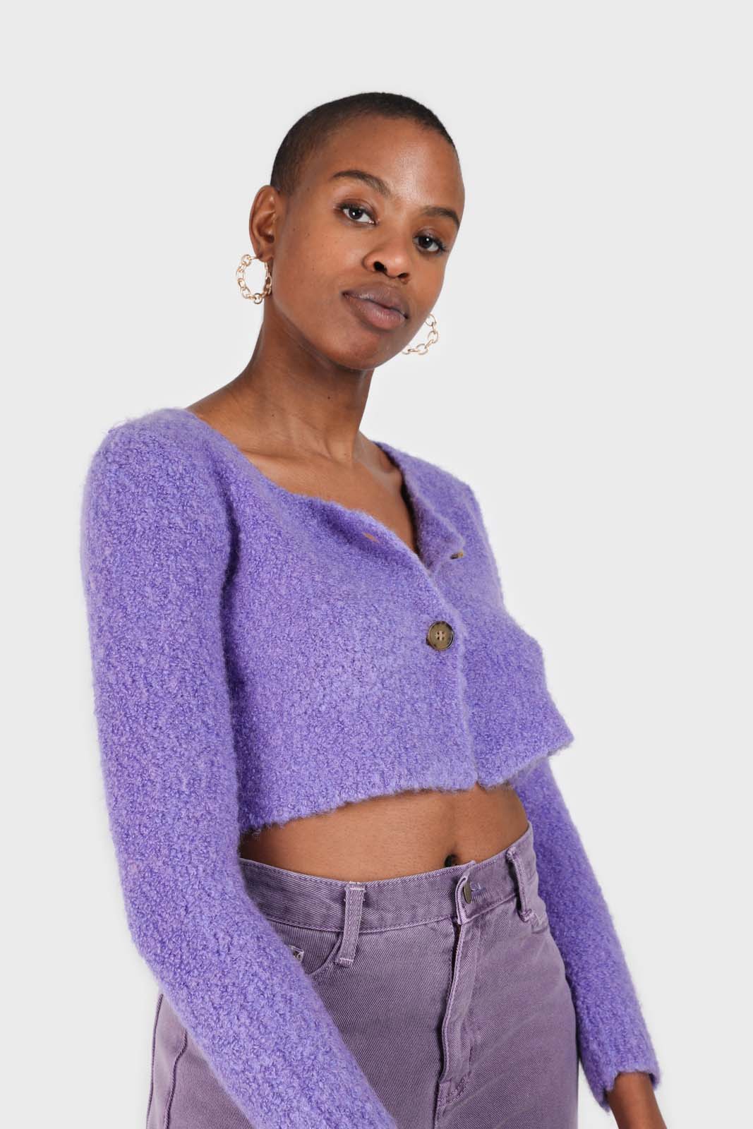 Purple fuzzy double button cardigan