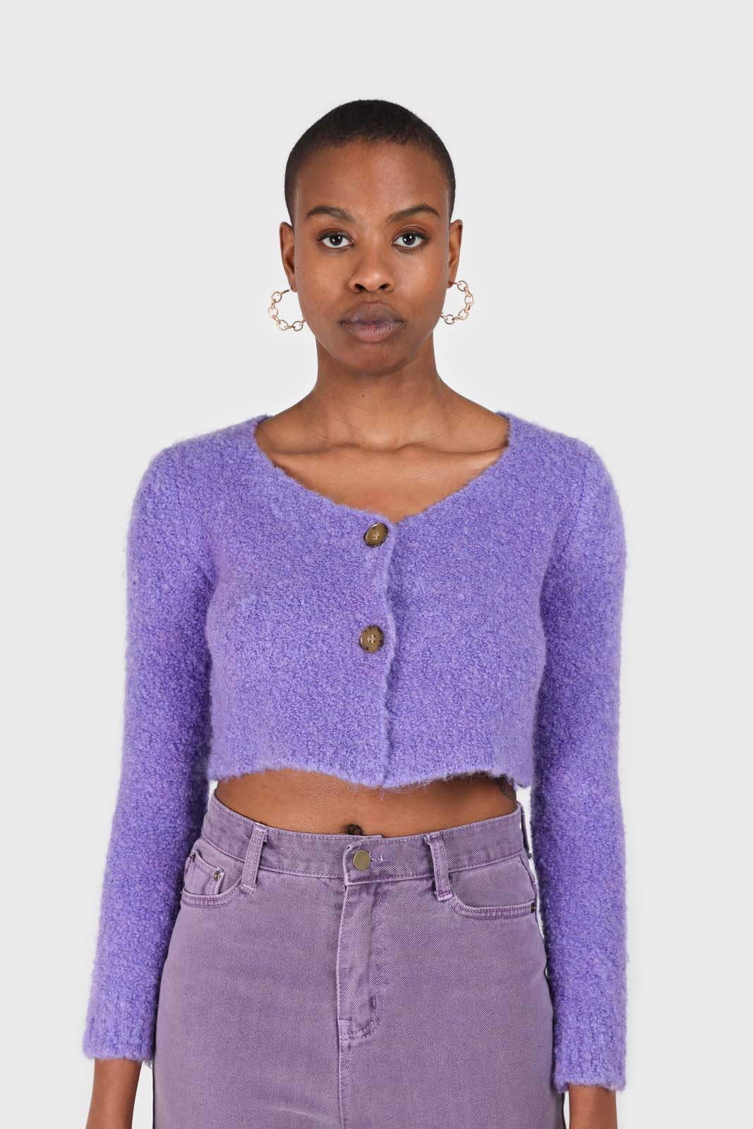 Purple fuzzy double button cardigan