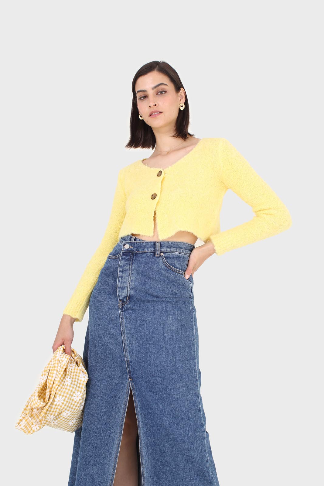Yellow fuzzy double button cardigan
