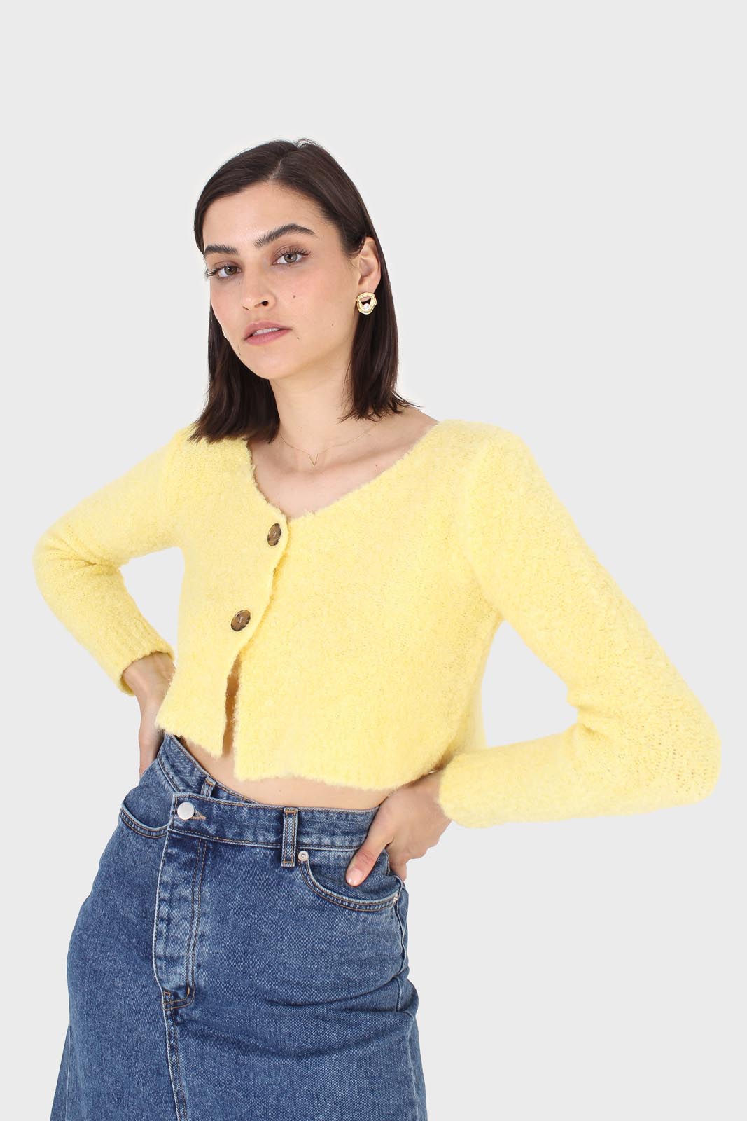 Yellow fuzzy double button cardigan