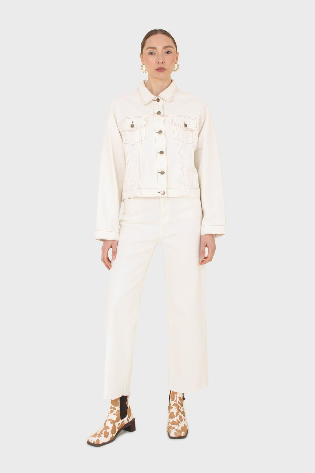 Ivory and yellow contrast stitch denim jacket - 701