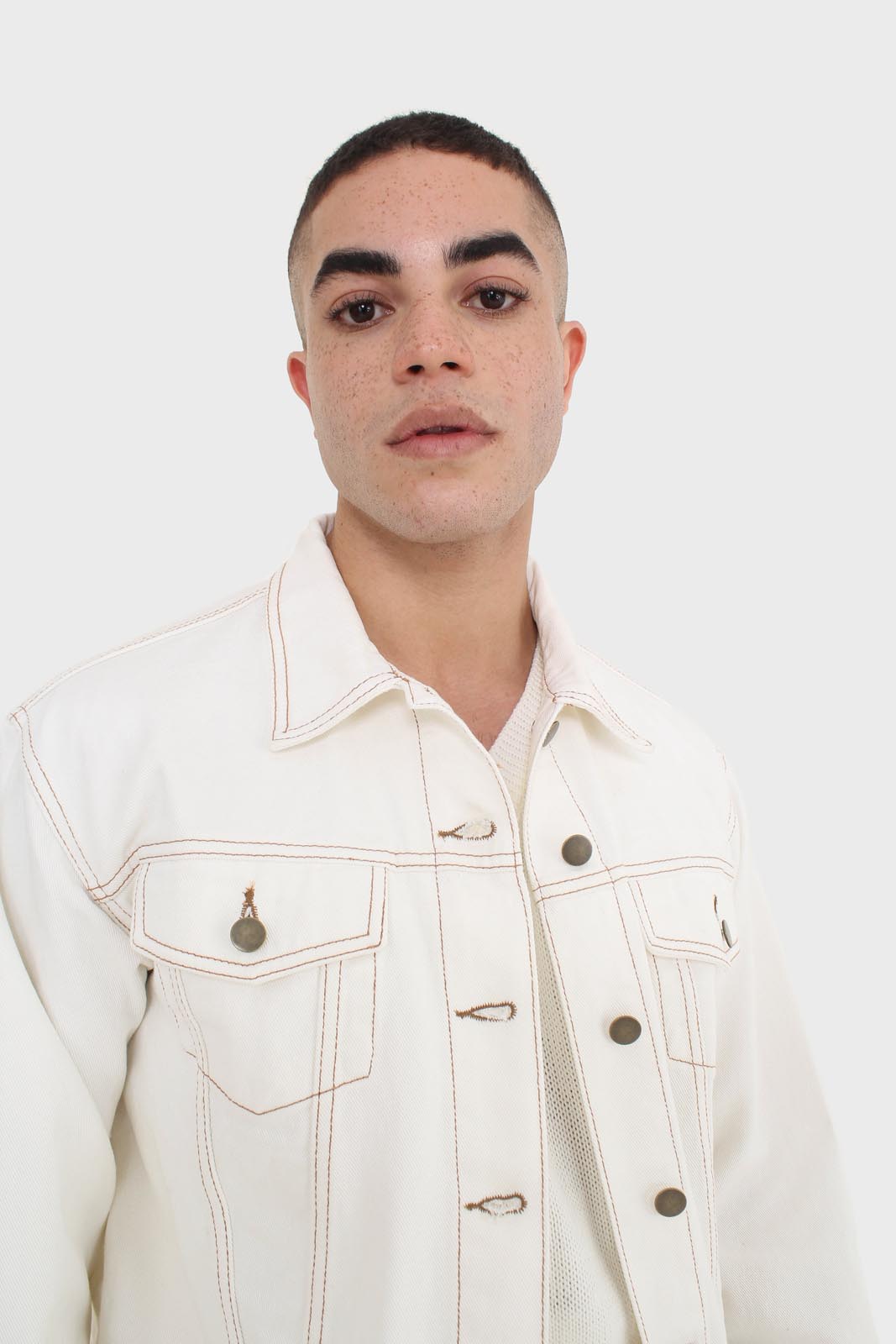 Ivory and yellow contrast stitch denim jacket - 701